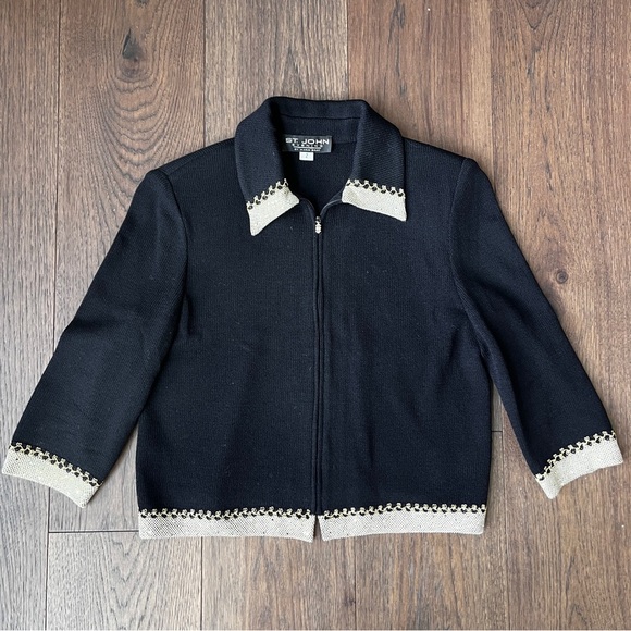 St. John Black Gold Santana Knit Collared Zip Up Evening Jacket Size 2 - Picture 3 of 13